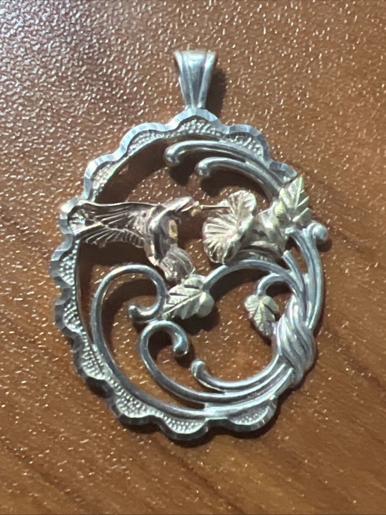 Sterling Silver 10k Yellow And 12k Rose Gold Hummingbird Flower Pendant/Charm